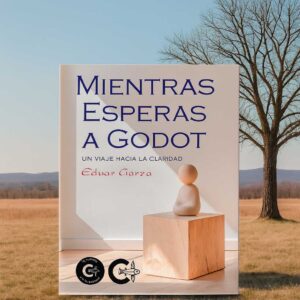 Portada del libro "Mientras esperas a Godot" y de fondo de un paisaje con un árbol sin hojas